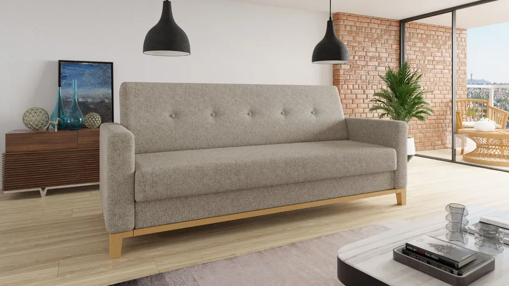 Sofa Wood Mit Schlaffunktion - Schlafsofa Mit Bettkasten, Bettsofa, Massivholz, Polstersofa Mit Holzfüße (Beige (Twist 02))