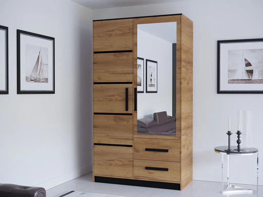 Mirjan24 Kleiderschrank Malta 103, Drehtürenschrank, Schlafzimmer, Garderobenschrank Mit Spiegel (Eiche Craft Gold / Schwarz)