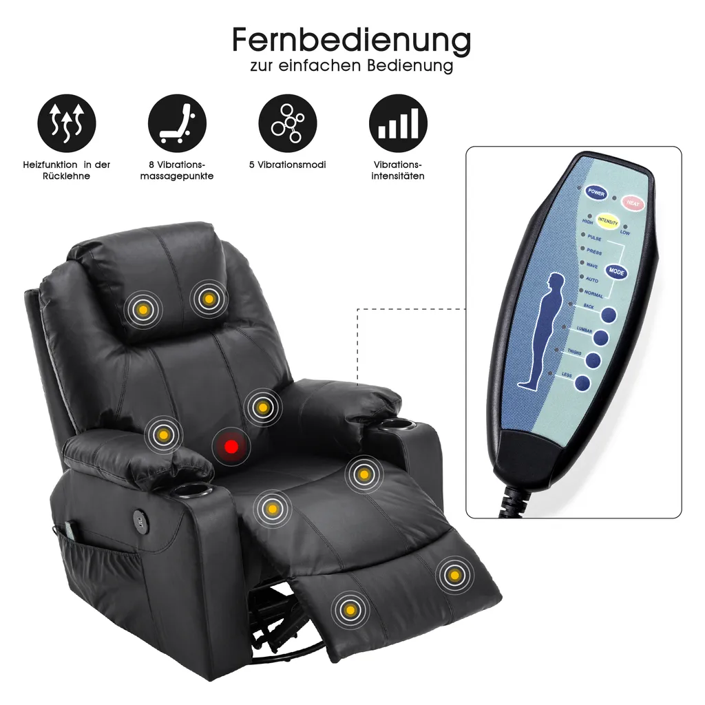 MCombo Leder Massagesessel Fernsehsessel Relaxsessel Dreh Schaukel Heizung USB Manuell Verstellbar Echtleder 7050BK – Bild 8