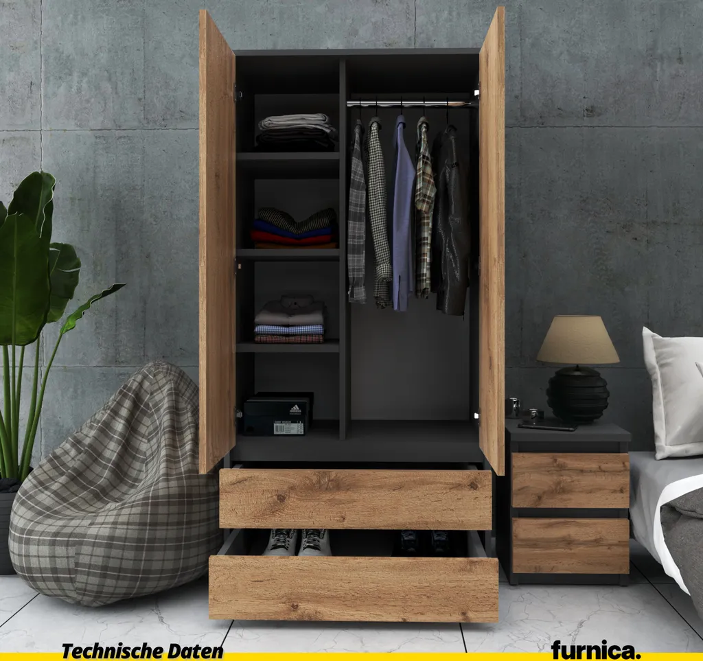 FURNICA - JOELLE - Kleiderschrank Mit 2 Türen Und 2 Schubladen - Anthrazit Grau / Wotan Eiche H180cm B90cm T50cm – Bild 4