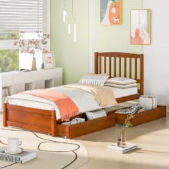 Merax Jugendbetten 90x200cm Einzelbett Massivholzbett Inkl. 2 Schubladen, Kopfteil Und Lattenrost, Gästebett Aus Kiefer, Farbe: Walnuss