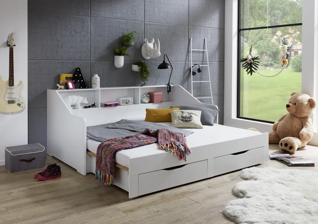 RELITA Funktionsbett Rene 90x 200 Auf 180 X 200 Cm Liegefläche Ausziehbar, Inkl. 2 Schubladen Und Regal