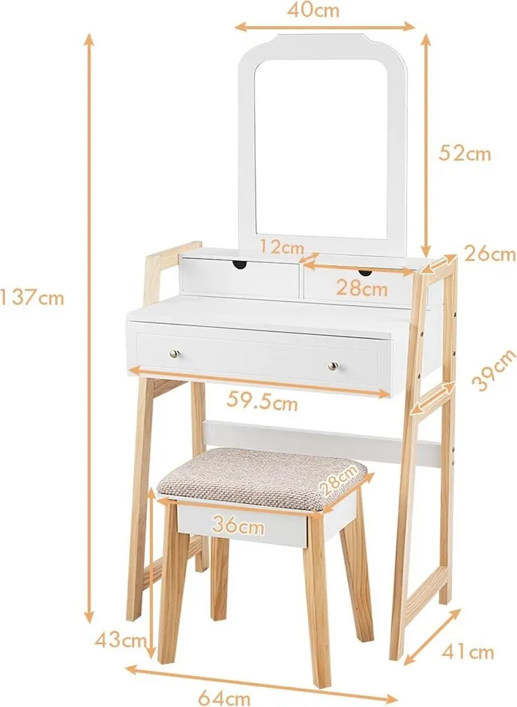 COSTWAY Schminktisch Mit Gepolstertem Hocker, Frisiertisch Set Mit Kiefernbeinen, Make-up Tisch Mit 3 Schubladen, Frisierkommode Weiß, Kosmetiktisch Mit Einstellbarem Spiegel – Bild 4