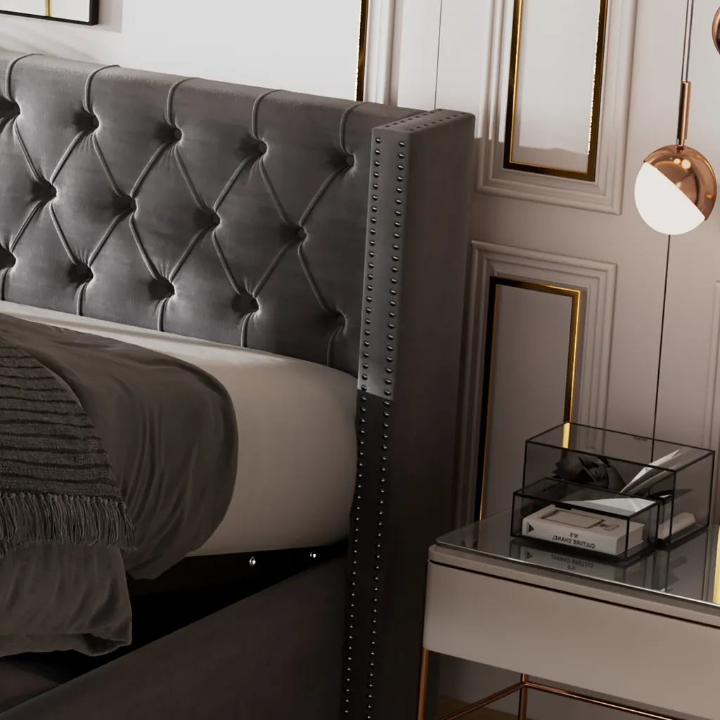 Merax Hydraulisches Boxspringbett 180x200cm Polsterbett Mit Bettkasten, Lattenrost Und Stauraum, Straumbett Funktionsbett Ohrenform Doppelbett Aus Samt, Grau – Bild 7