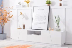 Merax TV-Lowboard Weiß Hochglanz TV-Schrank Stehend Fernsehschrank Mit 1 Schublade, 4 Klappen Und 1 Offenen Fach, TV Schrank TV -Kommode Fernsehtisch Scandi, 180cm Breit