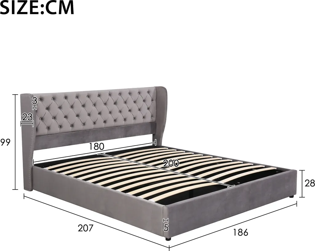 Merax Hydraulisches Boxspringbett 180x200cm Polsterbett Mit Bettkasten, Lattenrost Und Stauraum, Ohrenform Staumraumbett Doppelbett Aus Samt, Grau – Bild 3