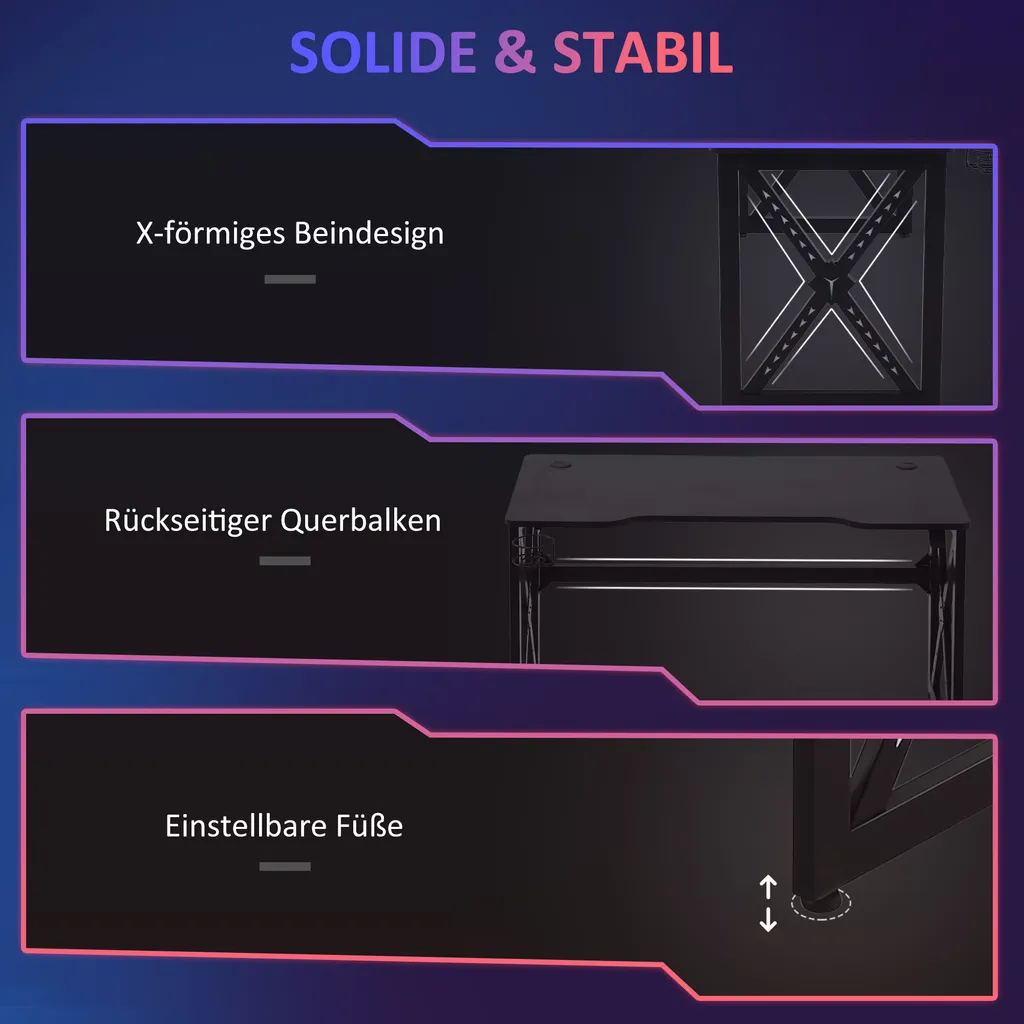 HOMCOM Computertisch Mit LED-Leuchten Monitorablage PC Tisch Gaming Tisch Mit Becherhalter E-Sport-Stil Bürotisch Mit Verstellbaren Füßen MDF Metall Schwarz 120 X 60 X 73 Cm – Bild 5