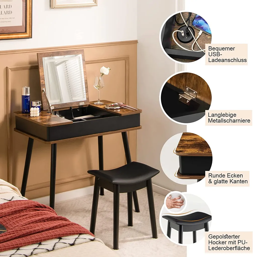 COSTWAY Schminktisch Mit Verstellbarer LED Beleuchtung, USB-Anschluss Und Klappspiegel, Frisiertisch Mit 6 Ablagefächern & Gepolstertem Hocker, Kosmetiktisch, Industrie-Design, Vintagebraun – Bild 3