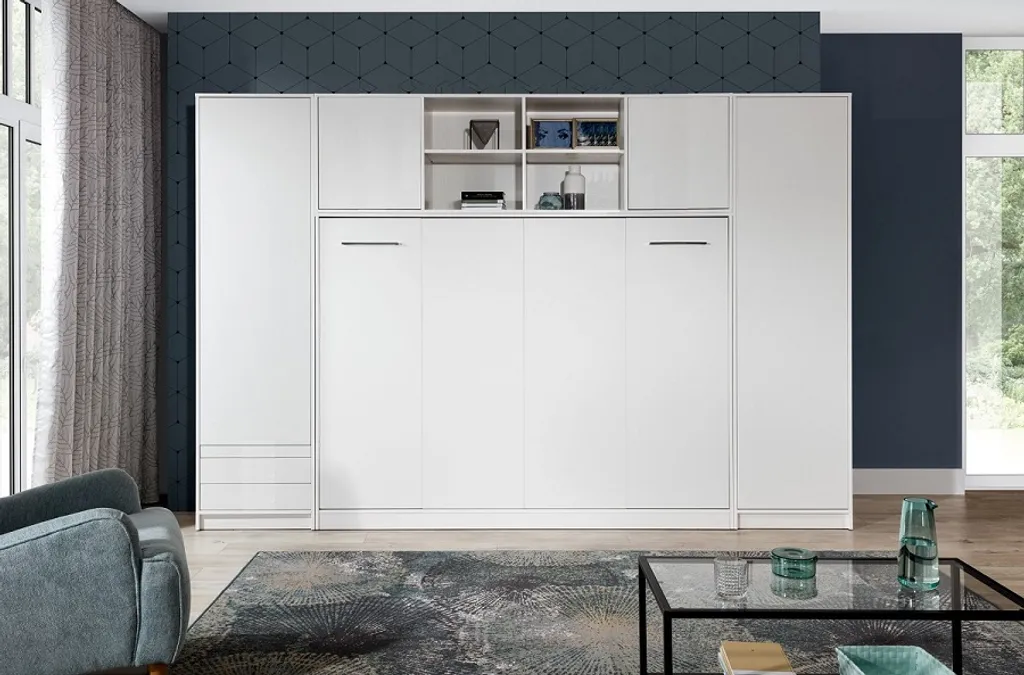 Schrankbett Klappbett Wandbett Horizontal HB 140 X 200, Schrankklappbett Mit Aufsatz Und 2 Schränken Weiß Eiche Sonoma, Lancelot Mit Schwarz – Bild 2