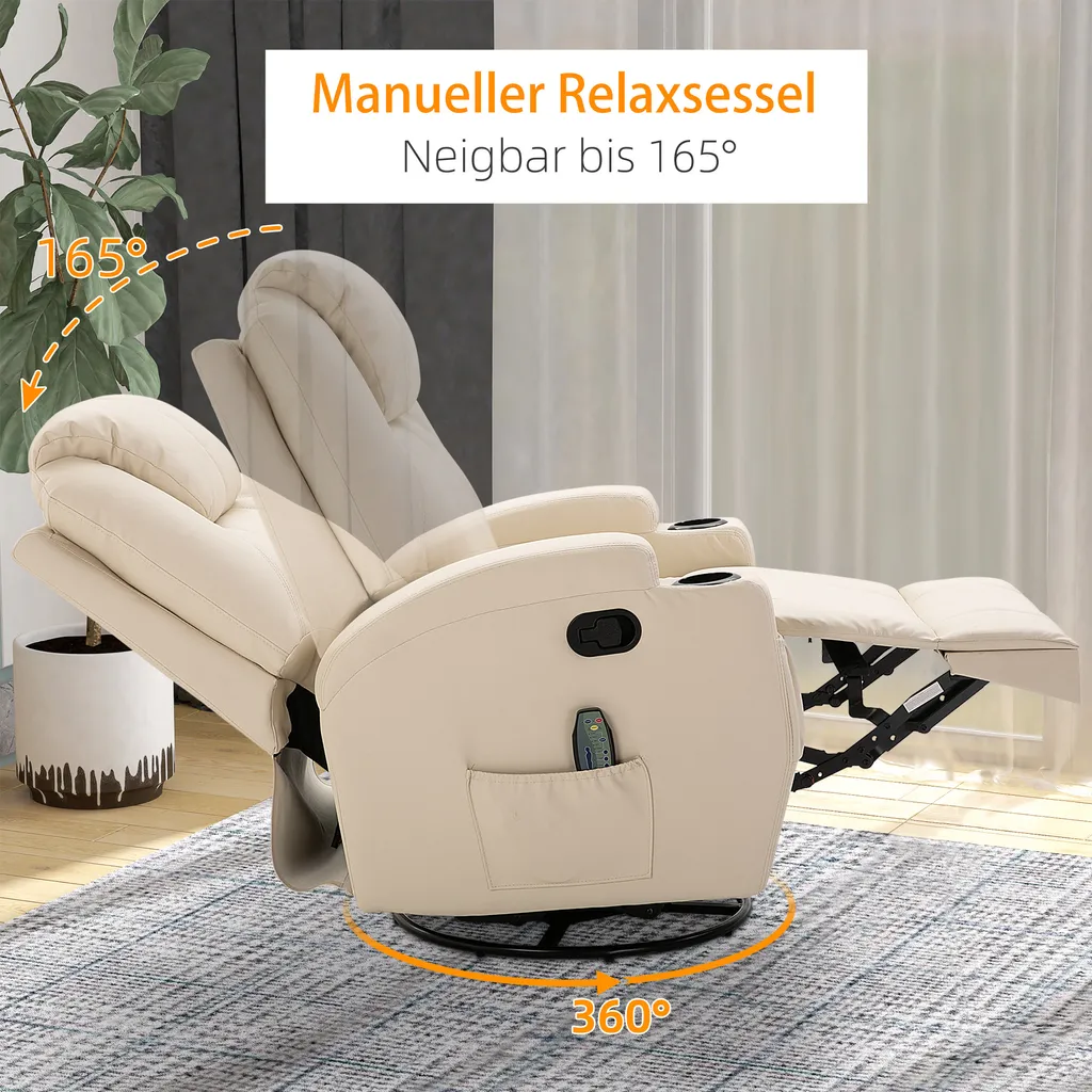 HOMCOM Massagesessel Relaxsessel Fernsehsessel Massagefunktion 5 Massage-Modi Liegefunktion Kunstleder Holz Metall Schaumstoff Cremeweiß 84 X 92 X 109 Cm – Bild 6