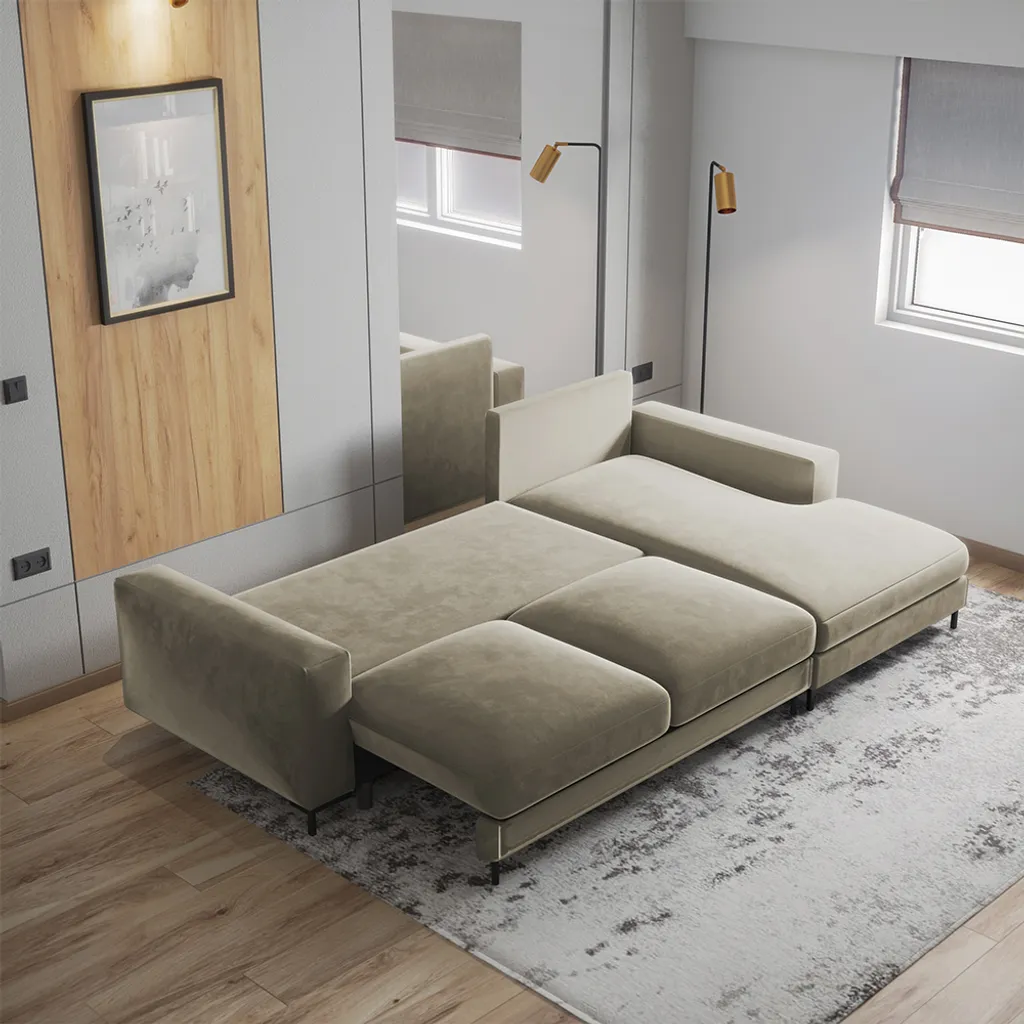 Selsey Schlafcouch MOKPEO - Ecksofa Mit Veloursbezug In Beige - Ottomane Rechts - Schlaffunktion - Bettkasten, 244 Cm Breit – Bild 2