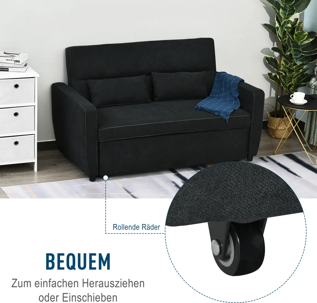 HOMCOM Schlafsofa, Klappsofa, 2-Sitzer Stoffsofa, Bettsofa, Sofa Mit Schlaffunktion, Sofagarnitur, Verstellbarer Winkel, Schwarz, 148 X 82 X 89 Cm – Bild 4