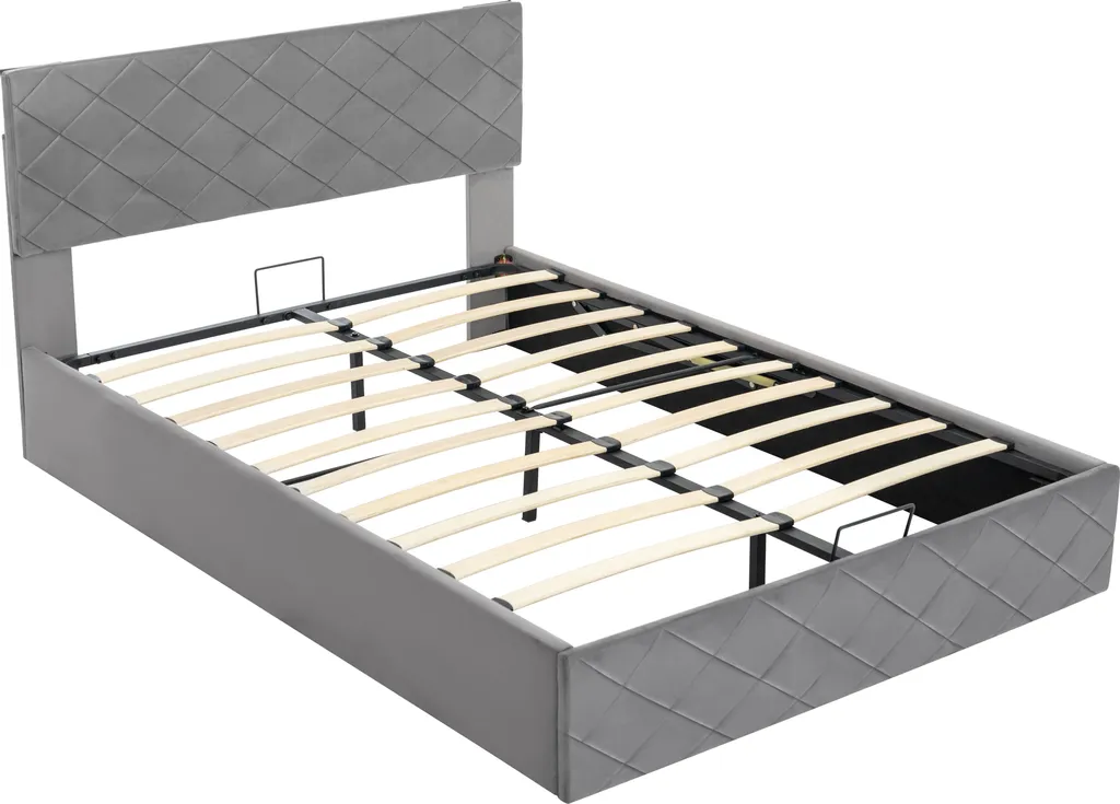 Merax Hydraulisches Boxspringbett 140x200cm Mit Bettkasten, Lattenrost Und Gepolsterten Kopfteil, Polsterbett Funktionsbett Doppelbett Aus Velvet, Grau – Bild 7