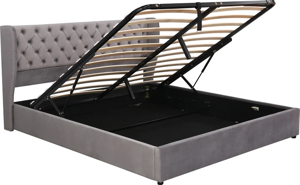 Merax Hydraulisches Boxspringbett 180x200cm Polsterbett Mit Bettkasten, Lattenrost Und Stauraum, Ohrenform Staumraumbett Doppelbett Aus Samt, Grau – Bild 9