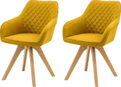 SalesFever Polsterstuhl 2er Set Mit Armlehnen | Bezug Textil | Gestell Eichenholz Massiv | Rautensteppung Im Rückenbereich | B 59 X T 61 X H 88 Cm | Curry-gelb