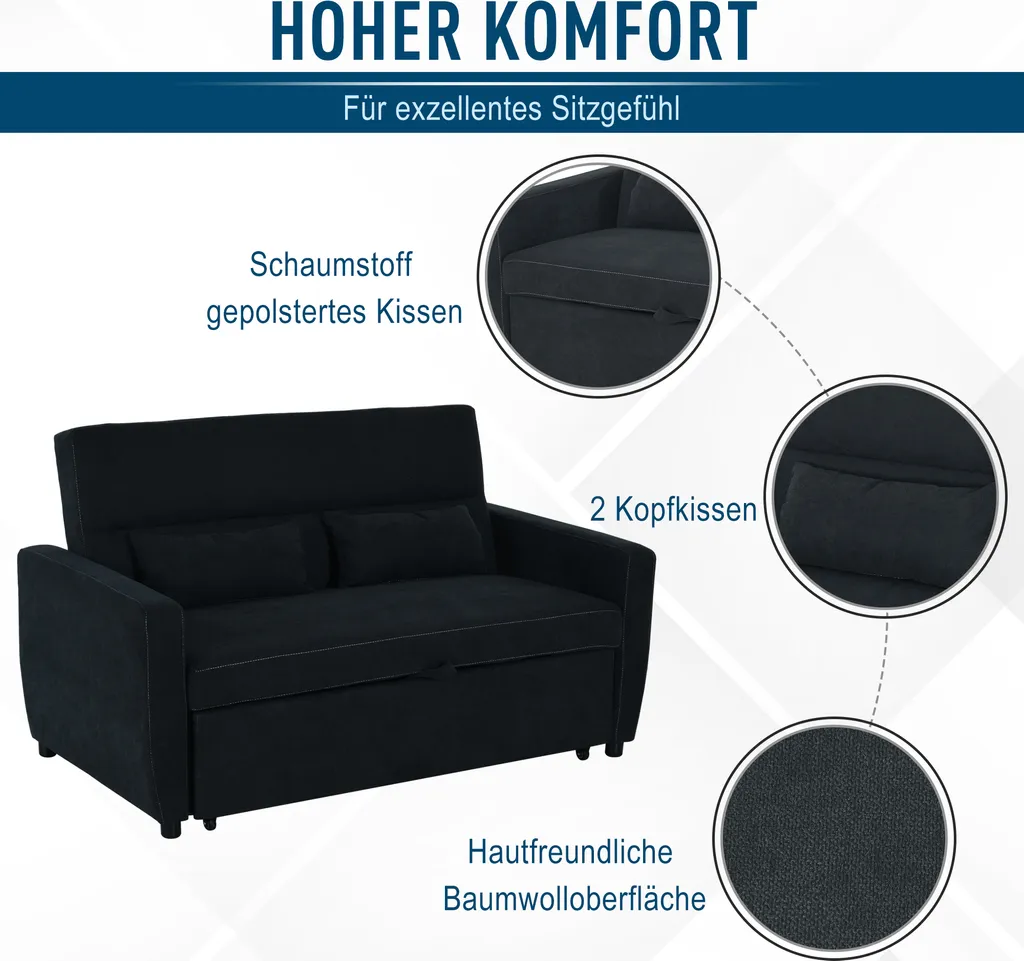 HOMCOM Schlafsofa, Klappsofa, 2-Sitzer Stoffsofa, Bettsofa, Sofa Mit Schlaffunktion, Sofagarnitur, Verstellbarer Winkel, Schwarz, 148 X 82 X 89 Cm – Bild 5