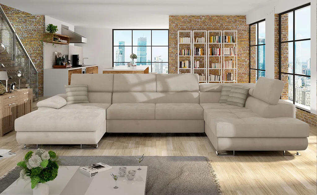 Mirjan24 Ecksofa Cotere Bis, Eckcouch Mit Bettkasten, U-Form Schlafsofa Vom Hersteller, Wohnlandschaft (Uttario Velvet 2979 + Senegal 825, Seite: Rechts)