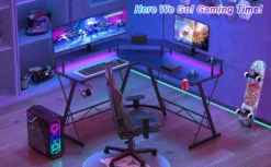 Xergonomic Gaming-Schreibtisch Mit LED-Beleuchtung - Gaming-Eckschreibtisch Mit Kopfhörer- Und Becherhalterung - Tischplatte Aus Kohlefaser - Langlebig, Wasserdicht Und Kratzfest