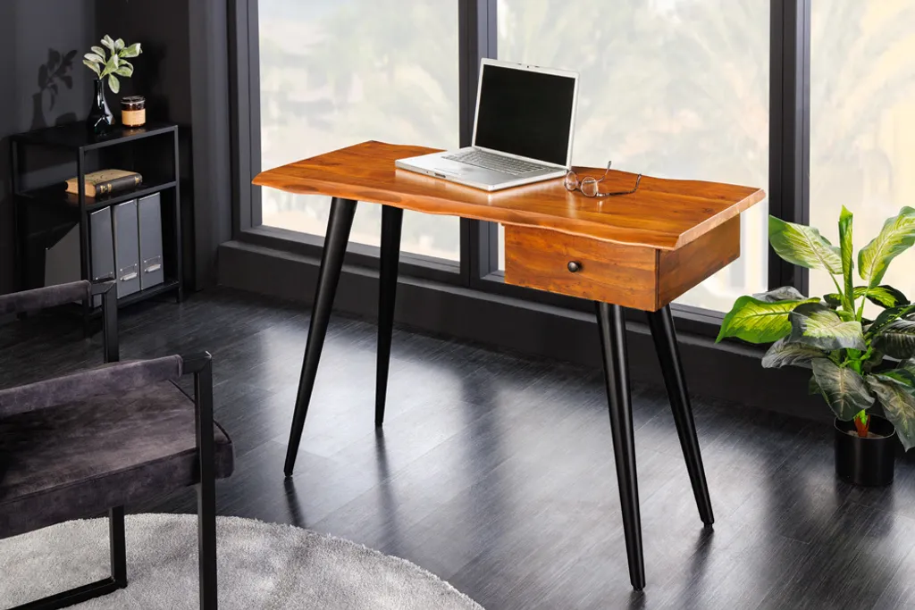 Massiver Schreibtisch WILD 110cm Akazienholz Baumkante Mit Schublade Metallbeine – Bild 4