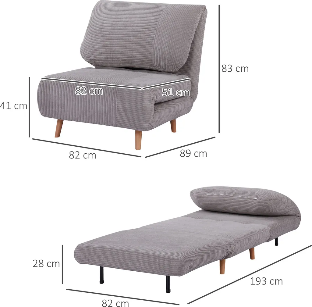 HOMCOM 2-in-1 Schlafsofa Schlafsessel Verstellbar Klappmatratze Gästebett ,Chaiselongue Im Cord-Optik, Für Schlafzimmer, Wohnzimmer Hellgrau 82 X 89 X 83 Cm – Bild 3