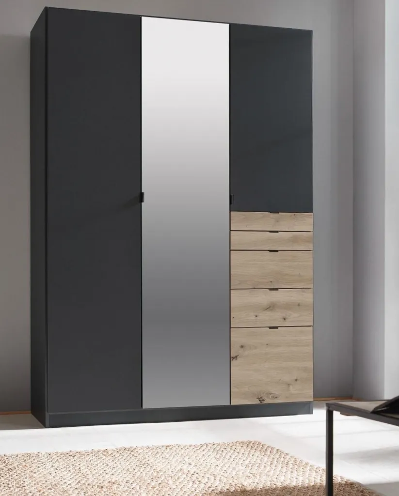 RAUCH AD644_02L6 Kleiderschrank 3-trg./1xSpiegel/5xSchubkästen Ontario In Grau/Abs. Eiche Artisan