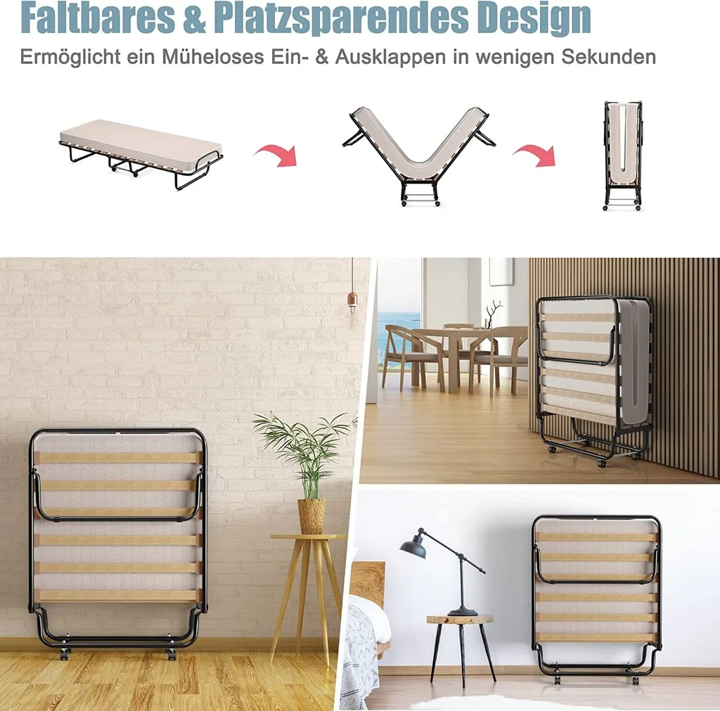 COSTWAY 80x190cm Gästebett Klappbar Mit Matratze, Klappbett Aus Stahl Bis 130kg Belastbar, Faltbett Tragbar Auf Rädern, Einzelbett Für Büro & Gästezimmer – Bild 4