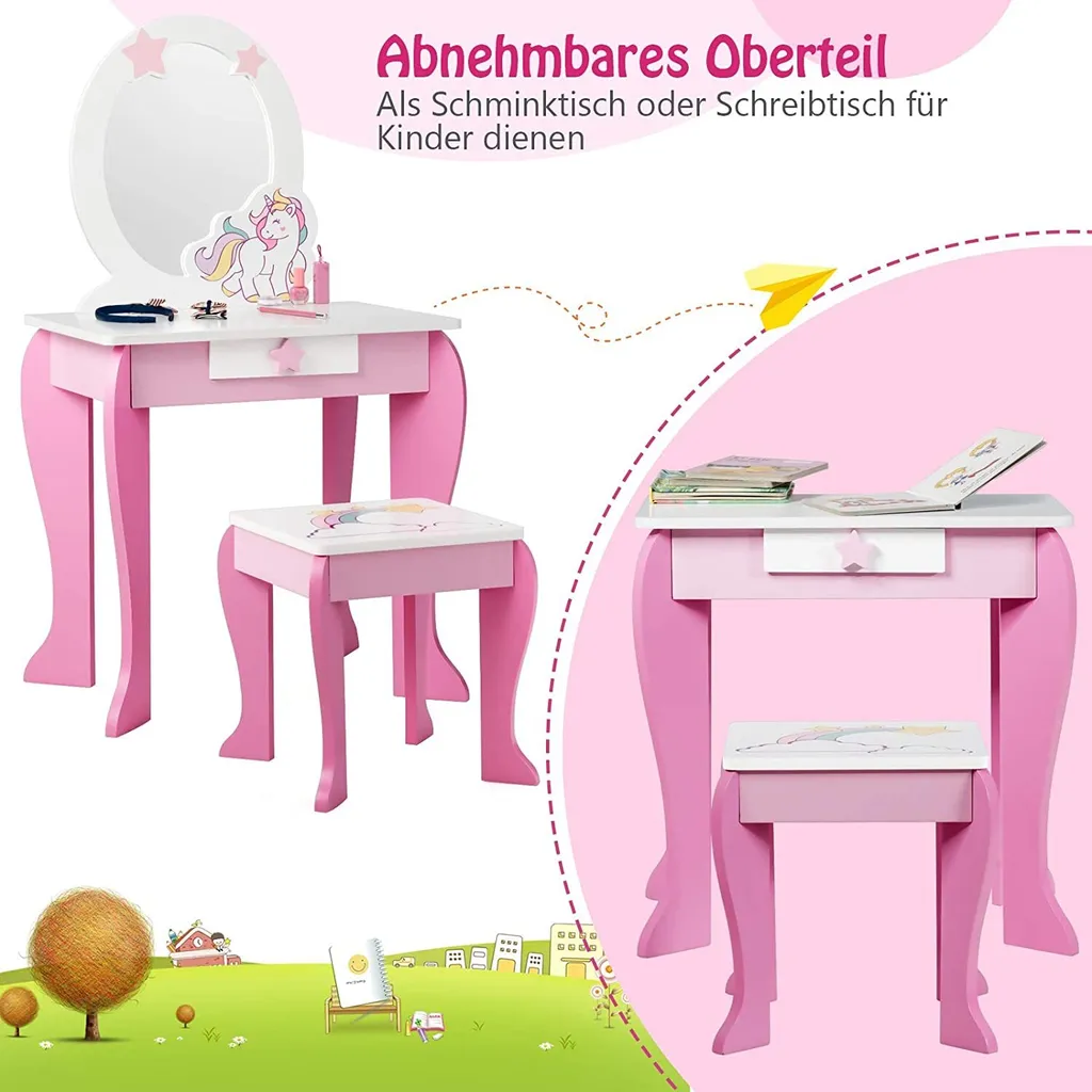 COSTWAY Kinder Schminktisch Mit Hocker, Prinzessin Frisiertisch Mit Schublade Und Abnehmbarer Spiegel, Frisierkommode Rosa, Schminkkommode Für Mädchen Von 3-7 Jahren (Pink) – Bild 2