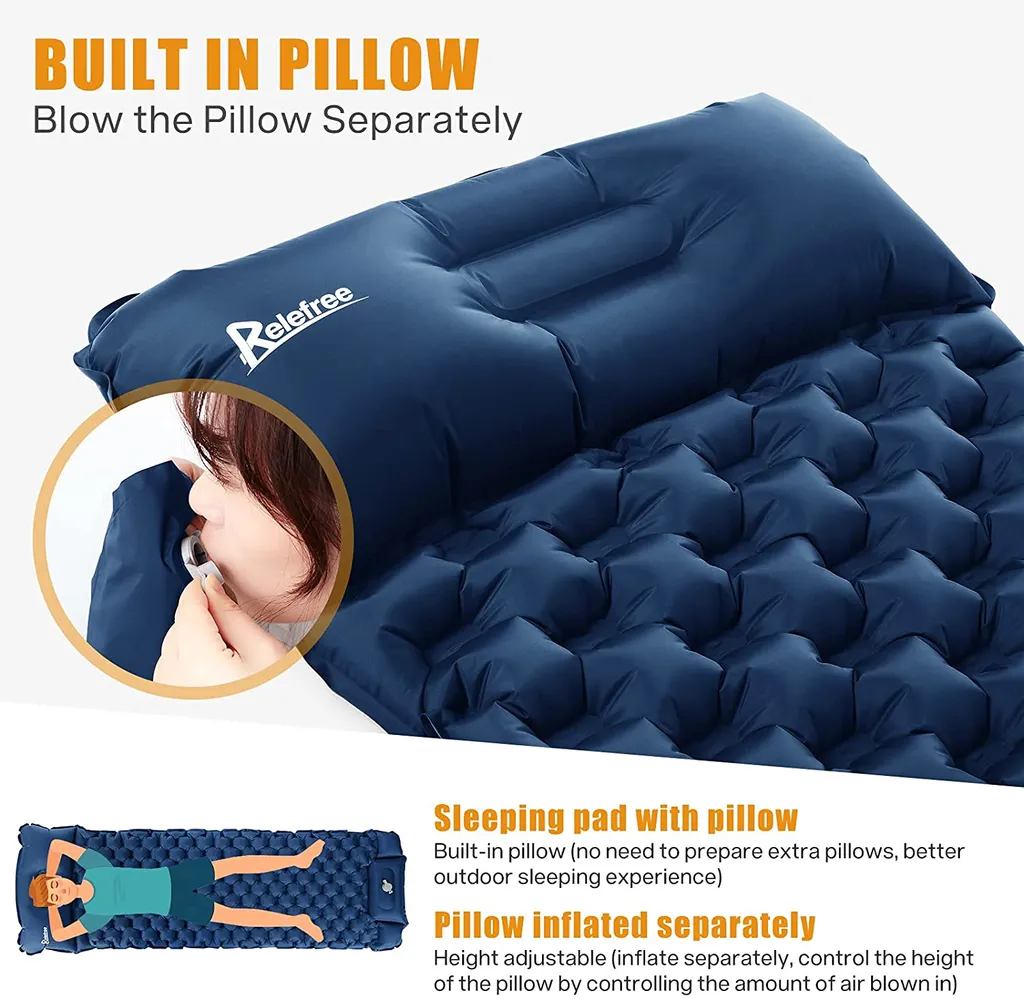 Relefree Isomatte Camping Selbstaufblasend Mit Fußpresse Kleines Packmaß Ultraleicht - Camping Luftmatratze Wasserdicht Mit Kissen , Mehrweg,Marineblau – Bild 2