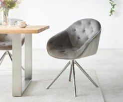 DELIFE Drehstuhl Gaio-Flex Mit Armlehnen Samt Grau Kreuzgestell Rund Edelstahl 180° Drehbar