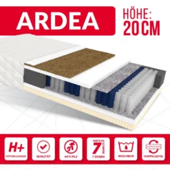 Matratze 140x200 Cm ARDEA 7 Zonen H3 H4 Taschenfederkern Latex Kokos Höhe Ca. 20 Cm Mit Waschbarem Bezug Premium Jersey