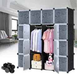 LZQ DIY Regalsystem Aufbewahrung Badregale Kleiderschrank Schuhregal Sideboard Schuhschrank Steckregal Badregal Mit Schwarz-Muster (16 Boxen Mit Tür)