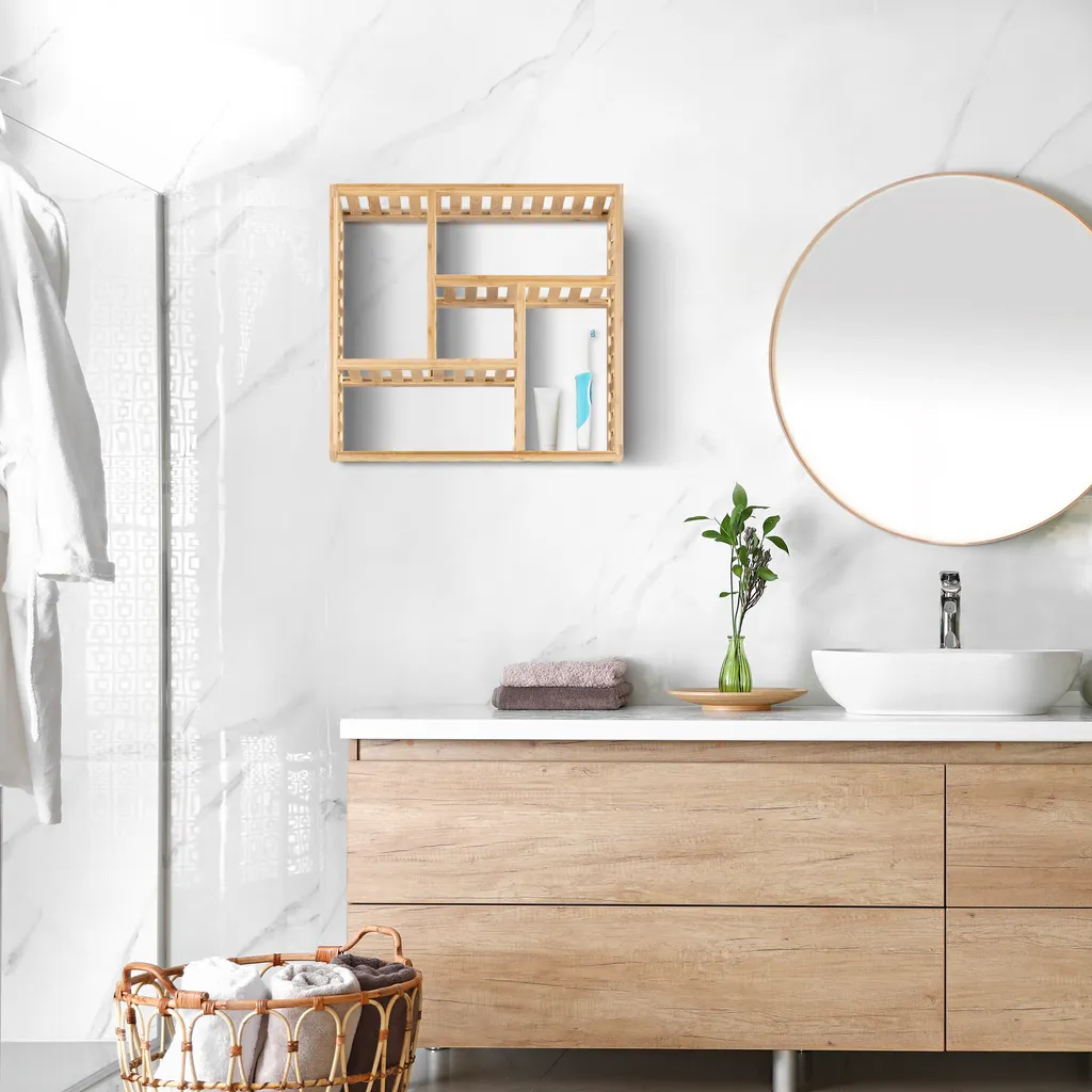 Navaris Bambus Badregal Inkl. Montage-Material - 50x50x15cm Regal Für Bad Küche Büro Flur Wohnzimmer - Wandregal Bambusregal Badezimmer