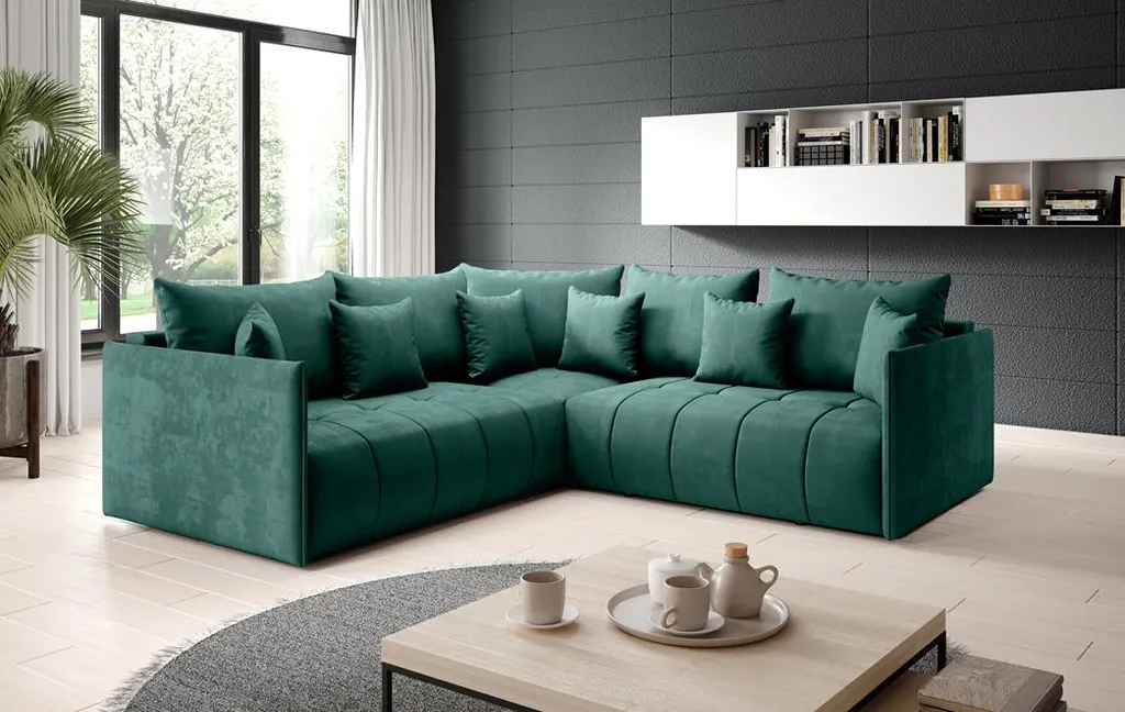 FURNIX Schlaf-Ecksofa ASVIL L Polstercouch In L-Form: Bettkasten Und Kissen MH37 Grün