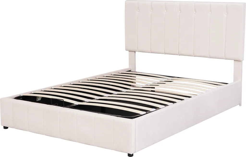 Merax Hydraulisches Boxspringbett 140x200cm Polsterbett Mit Bettkasten Und Höhenverstellbaren Polsterkopfteil, Samt Doppelbett Mit Metalllattenrost, Cremeweiß – Bild 11