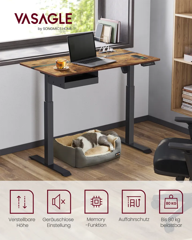 VASAGLE Höhenverstellbarer Schreibtisch Elektrisch, 60 X 120 Cm Tischoberfläche, Elektrischer Schreibtisch,Mit 2 Ladebuchsen Und 2 USB-Anschlüssen,Memory-Funktion Mit 4 Höhen DSL112X01 – Bild 2