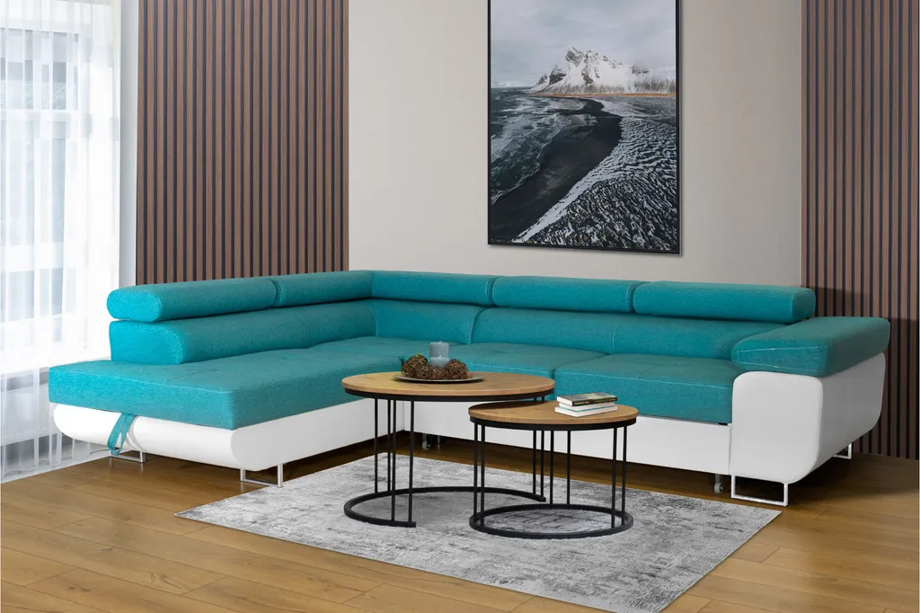 Ecksofa Aller L-form Mit Schlaffunktion Und Bettkasten, Türkis Und Weißes Kunstleder, Links Ottomane.