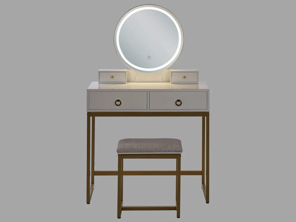 Schminktisch Weiß Und Gold MDF-Platte Mit Metallbeinen Rundem LED-Spiegel 4 Schubladen Hocker Glamour Für Erwachsene Schlafzimmer Jugendzimmer – Bild 4