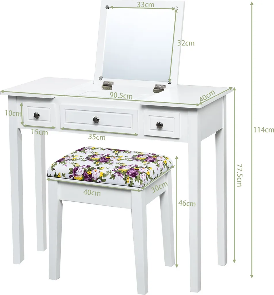 COSTWAY Schminktisch Frisiertisch Set Mit Klappspiegel Und 3 Schubladen, Frisierkommode Kosmetiktisch Mit Gepolstertem Hocker, Waschtisc Make Up Tisch, Weiß – Bild 4