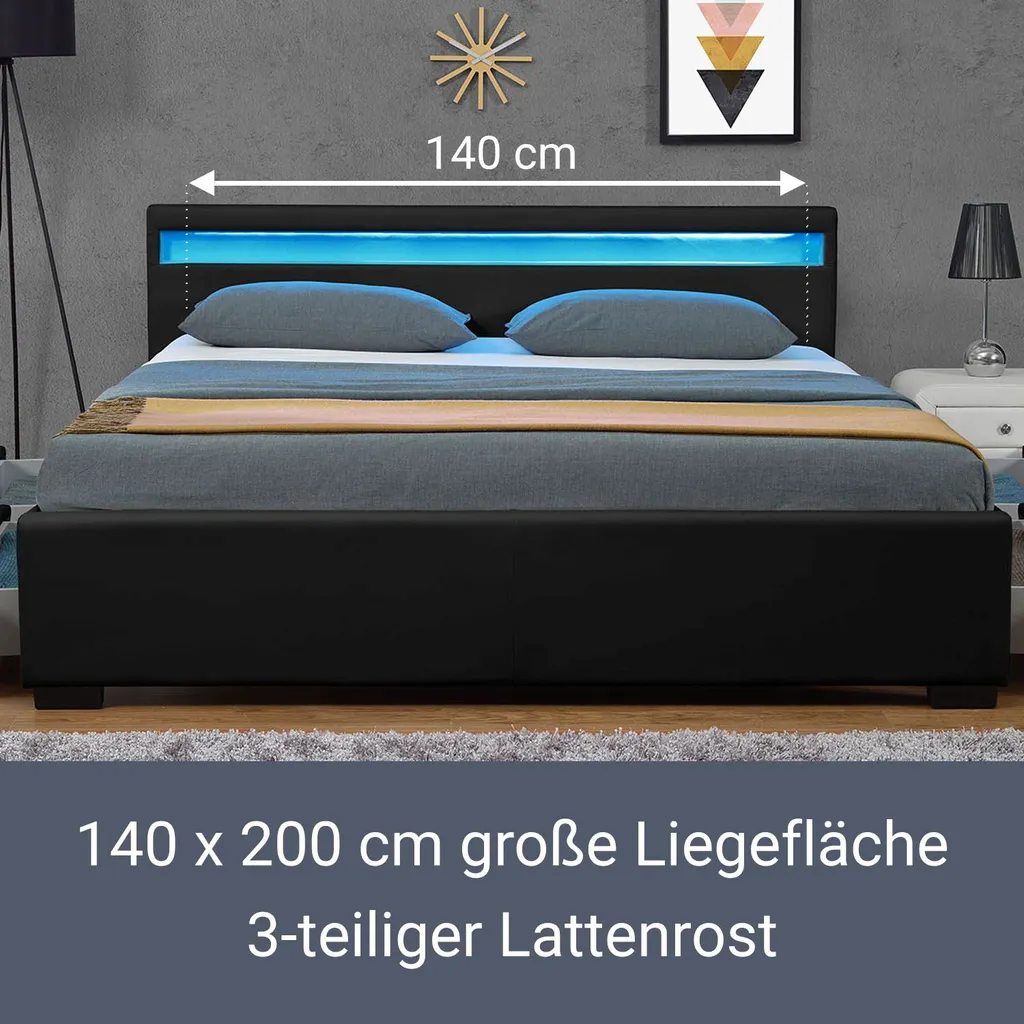 Juskys Polsterbett Lyon 140 X 200 Cm Schwarz – Bettgestell Mit Lattenrost, Bettkasten & LED Beleuchtung – Kunstleder & Holz – Bett Jugendbett – Bild 4