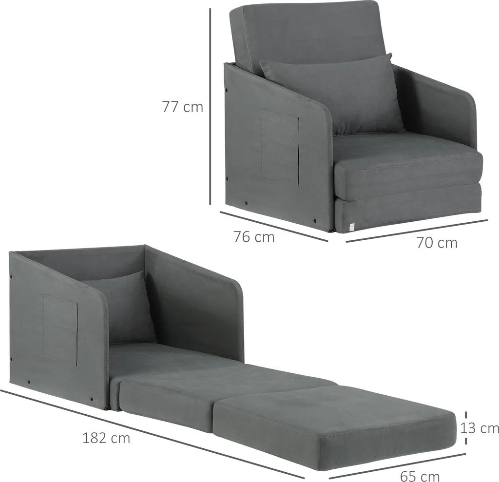 HOMCOM Schlafsofa Sofabett Einzelsofa Waschbarer Bezug 2 Seitentaschen Kissen Metall Grau 70 X 74 X 78 Cm – Bild 7