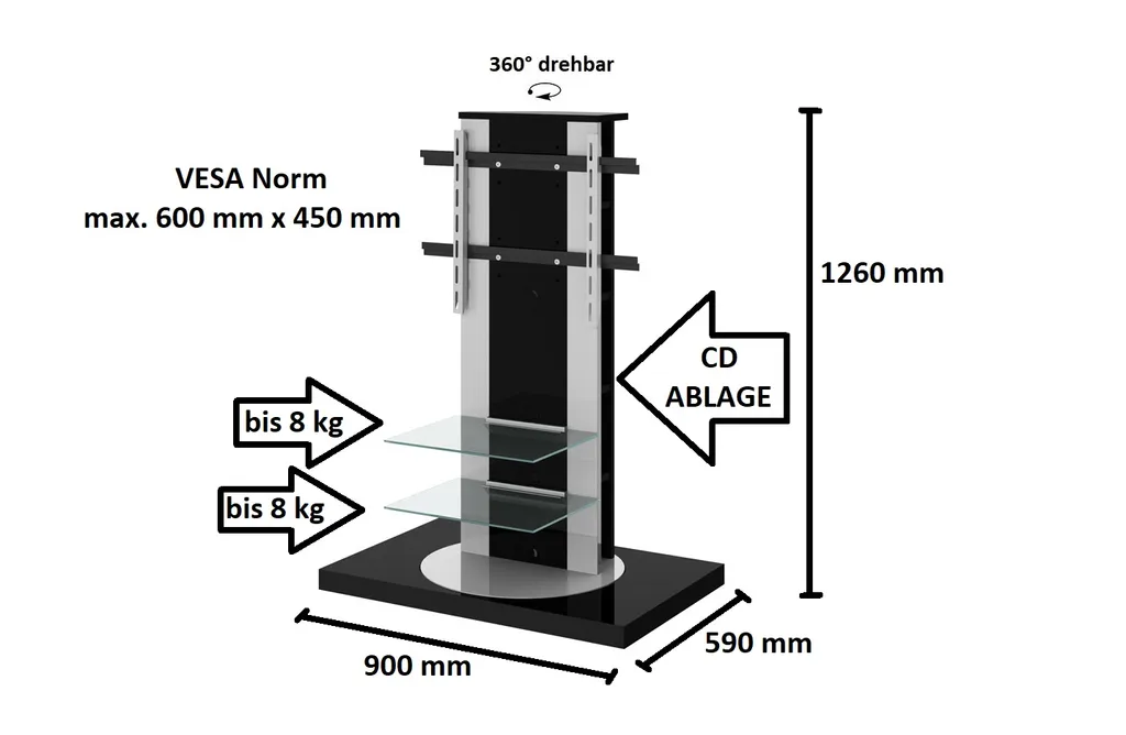 Fernsehtisch Roma H-777nw Schwarz Hochglanz 360° Drehbar TV Möbel TV Rack TV Ständer LCD Inkl. TV-Halterung – Bild 2