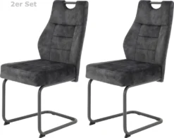 2er Set Esszimmerstuhl Linda - Samtvelour Vintage Anthrazit - Metallgestell Rundrohr Pulverbeschichtung Grau - 140kg Belastbar
