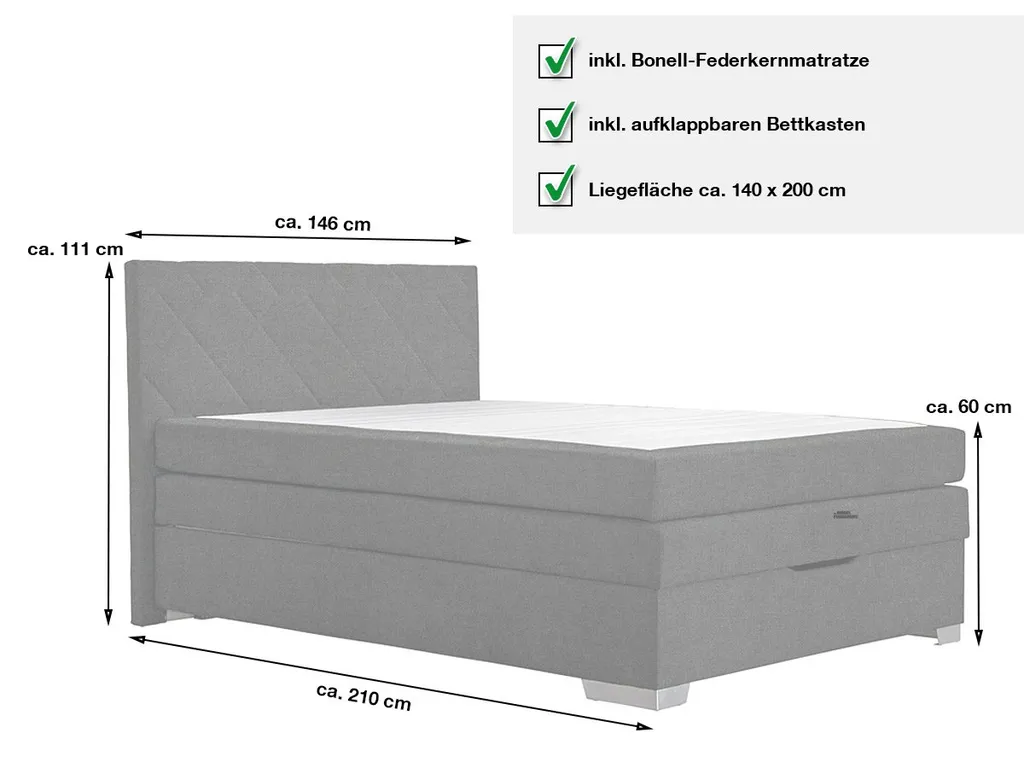 Boxspringbett JULIA 140 X 200 Cm Anthrazit Mit Bonell-Federkern Matratze - Die Möbelfundgrube – Bild 3