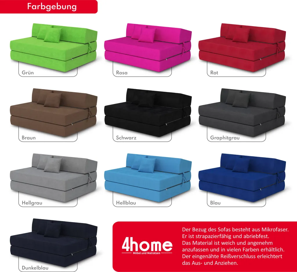 Klappmatratze 120x200 Cm Futonsofa Kaltschaum Polyurethan Höhe Ca. 14 Cm Microfibre Schwarz – Bild 6