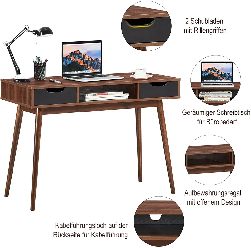 COSTWAY Computertisch Mit 2 Schubladen & Offenem Ablagefach, Moderner Schreibtisch 110 Cm, Bürotisch Aus Massivholz, PC-Arbeitsplatz Konsolentisch, Für Arbeitszimmer & Büro & Wohnzimmer, Braun – Bild 5
