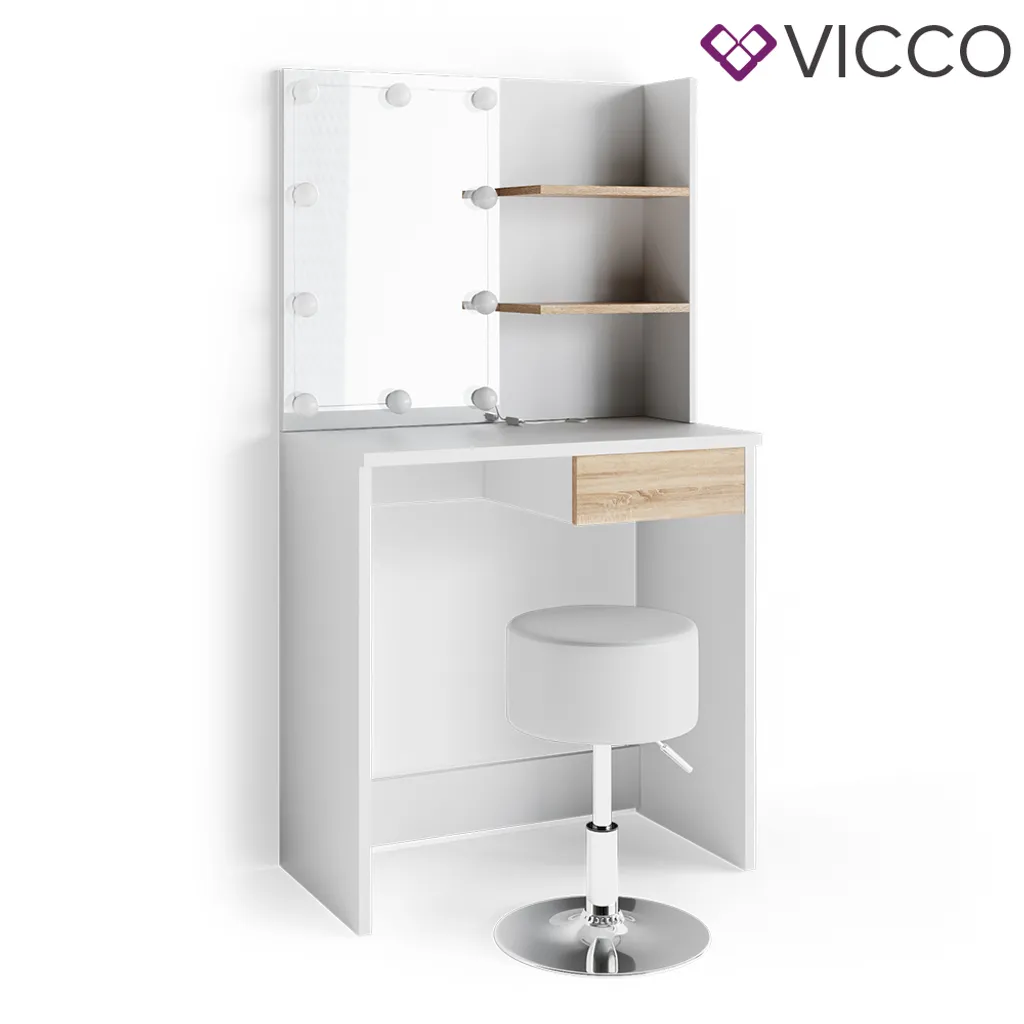 VICCO LED Schminktisch DEKOS Frisiertisch Kommode Kosmetik Weiß Eiche Hocker – Bild 2