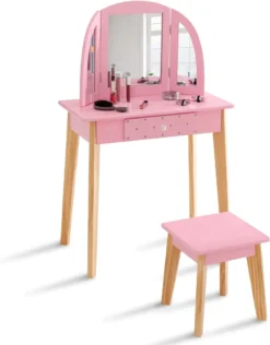 COSTWAY 2-in-1-Schminktischset Für Kinder, Kinderschminktisch Mit Hocker Aus Holz Für Kinder Mit Dreifach Klappbarem Spiegel & Schublade, Make-up Tischset Für Mädchen Von 3-7 Jahren (Rosa)