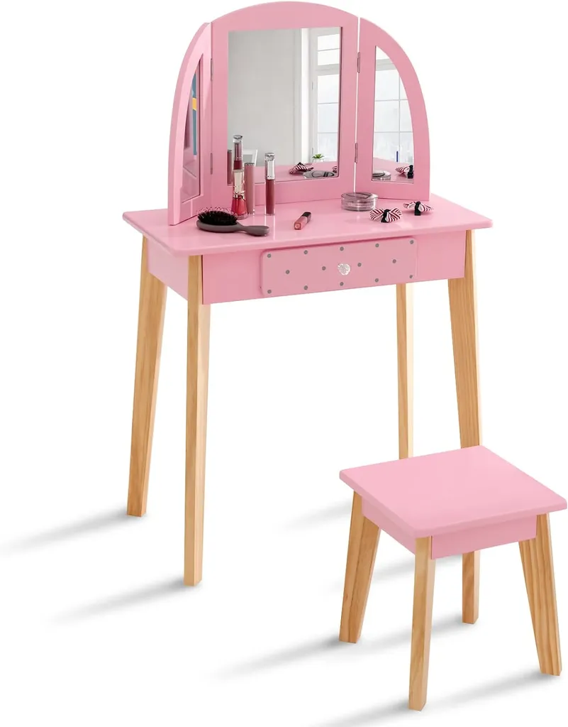 COSTWAY 2-in-1-Schminktischset Für Kinder, Kinderschminktisch Mit Hocker Aus Holz Für Kinder Mit Dreifach Klappbarem Spiegel & Schublade, Make-up Tischset Für Mädchen Von 3-7 Jahren (Rosa)