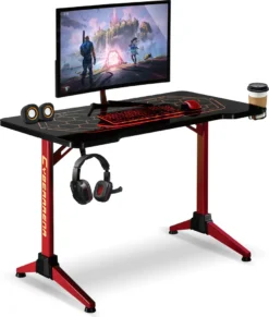 Gaming Tisch Schreibtisch Mit Großer Oberflächemit Verstellbarer RGB-LED-Hintergrundbeleuchtung Getränkehalter Kopfhörerhalter 120cm Computertisch Spieltisch