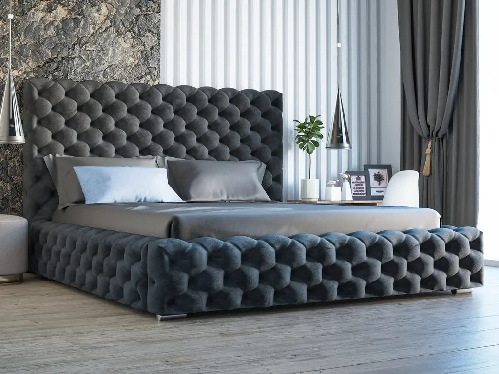 GRAINGOLD Glamour Polsterbett 180x200 Cm Heaven - Chesterfield Bett Mit Lattenrost - Groß Bettkasten, Velourstoff - Schwarz (Monolith 95)